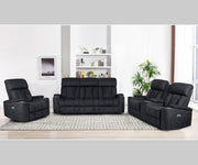 Black reclining sofa set in a living room setting with decor elements.
