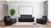 Modern living room with black leather sofa set and decorative elements.