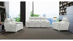 White leather sofa set in a modern living room with cityscape view